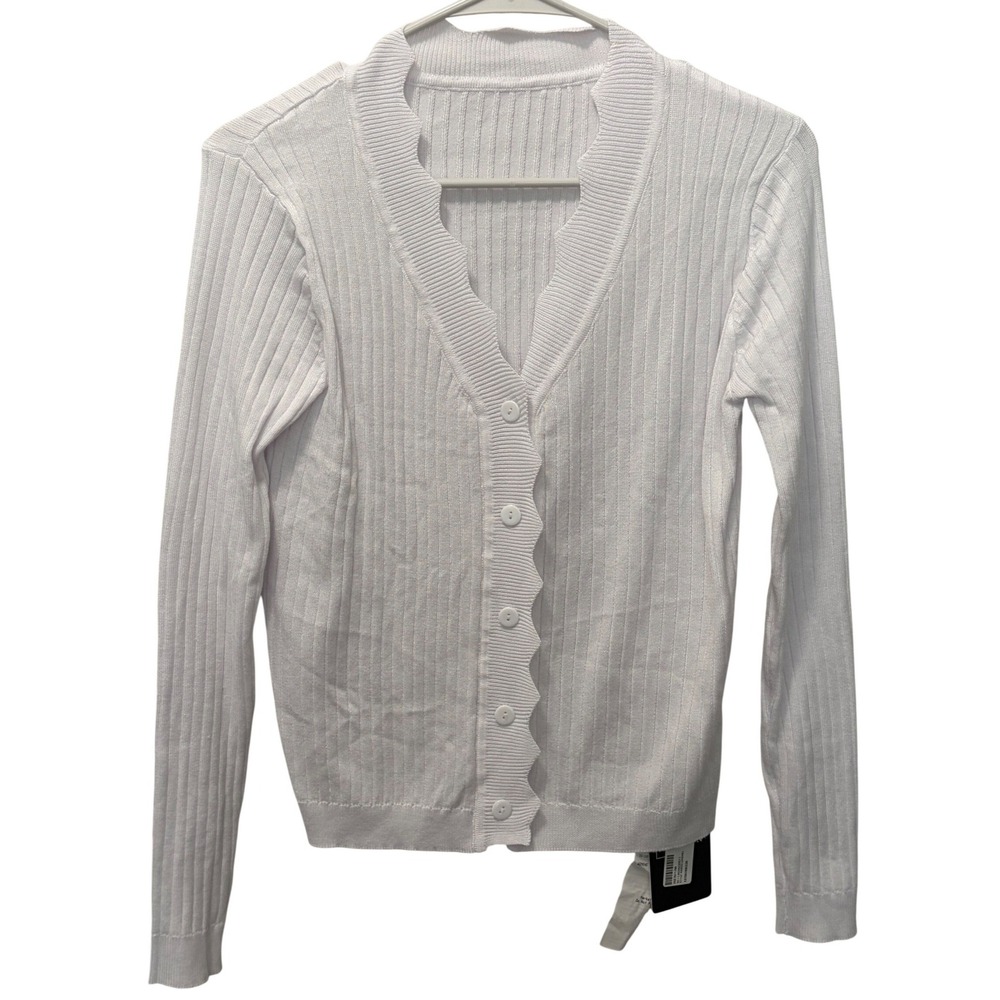 Kohl's White Button Up Cardigan Soft Fibers Scalloped Edge Women's Size S NWT